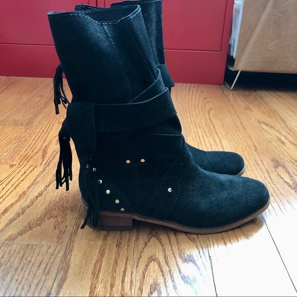 SEE BY CHLOE Studded Dasha Tassle Suede Boots Black Fringe Women’s Size 6 NWOB - Picture 8 of 14